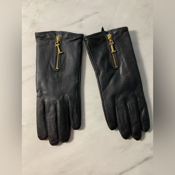 Elegant Leather Driving Gloves Black Gold Tone Zipper Detail S/M Isaac Mizrahi - Picture 13 of 15